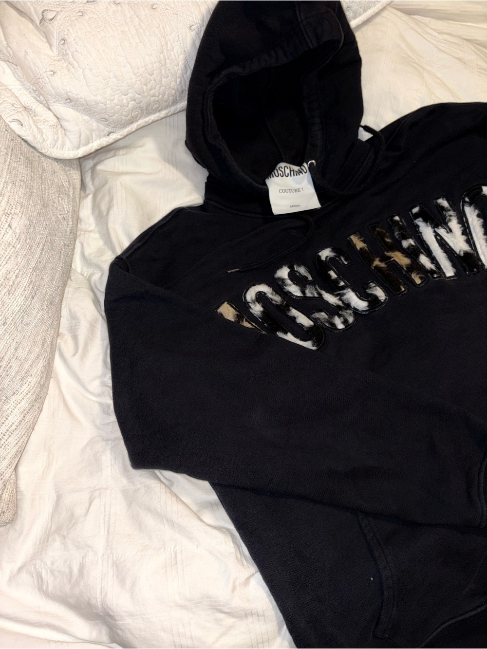 Moschino Black Hoodie with Leopard-Print Lettering
